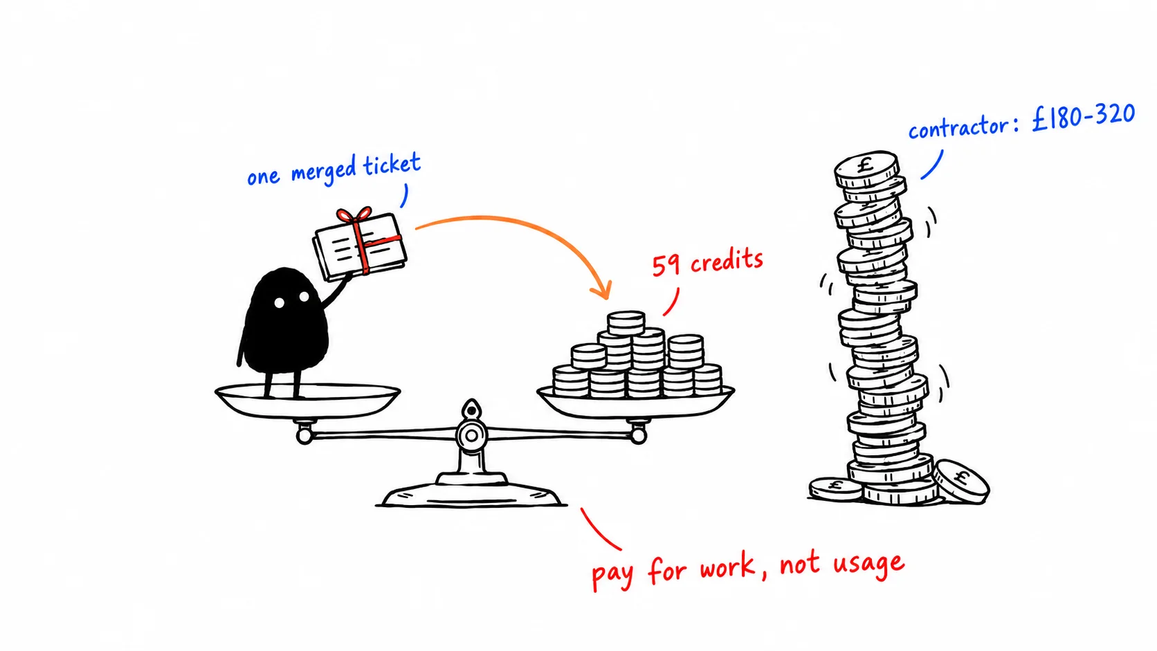 A small black creature lifting a slip that reads "59 credits" against a signboard reading "contractor: £180 to £320". A third label reads "pay for work, not usage".